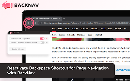 BackNav Backspace  from Chrome web store to be run with OffiDocs Chromium online