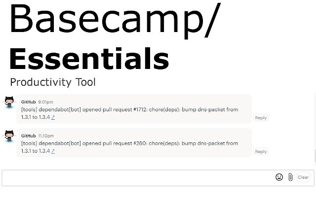 ക്രോം വെബ് സ്റ്റോറിൽ നിന്നുള്ള Basecamp Essentials, OffiDocs Chromium ഓൺലൈനിൽ പ്രവർത്തിക്കും