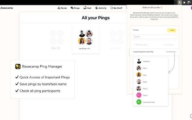 Basecamp Ping Manager จาก Chrome เว็บสโตร์ที่จะทำงานร่วมกับ OffiDocs Chromium ออนไลน์