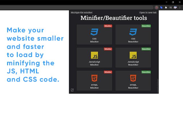 Beautifer Minify mula sa Chrome web store na tatakbo sa OffiDocs Chromium online