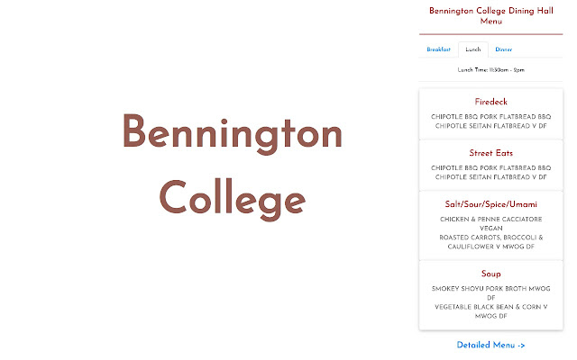 เมนู Bennington College Dining Hall จาก Chrome เว็บสโตร์ที่จะเรียกใช้ด้วย OffiDocs Chromium ออนไลน์