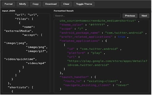 Better JSON Formatter  from Chrome web store to be run with OffiDocs Chromium online