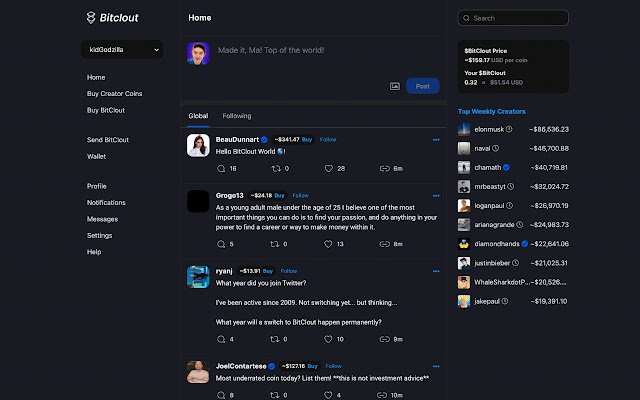 BitClout Dark Mode Style Tweaks מחנות האינטרנט של Chrome להפעלה עם OffiDocs Chromium באינטרנט