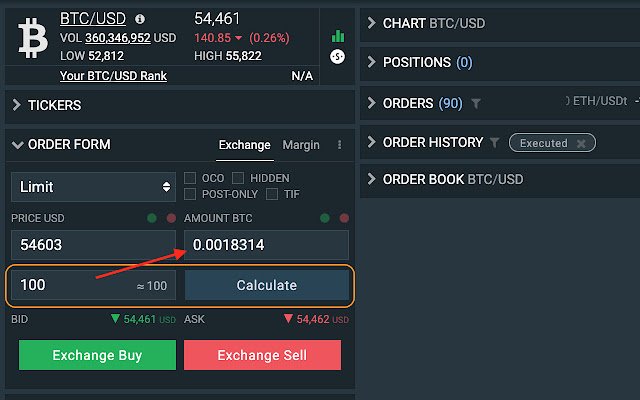 Bitfinex Calculate amount automatically  from Chrome web store to be run with OffiDocs Chromium online
