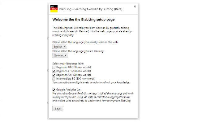 BlabLing ຮຽນພາສາເຢຍລະມັນໂດຍການທ່ອງເວັບ (Beta) ຈາກ Chrome web store ເພື່ອດໍາເນີນການກັບ OffiDocs Chromium ອອນໄລນ໌