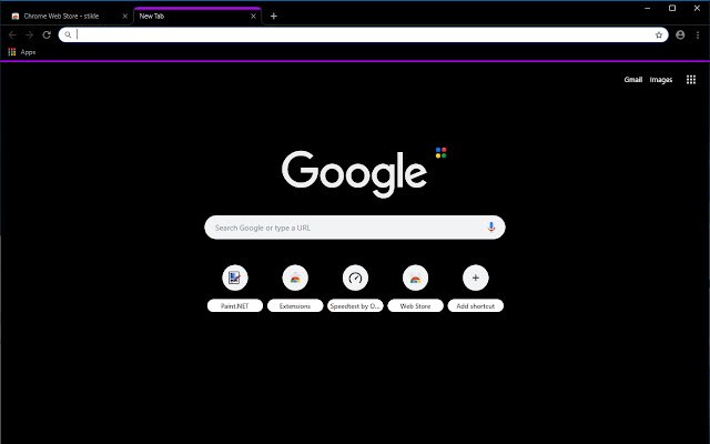 Tema hitam ungu menyorot tab aktif dari toko web Chrome untuk dijalankan dengan OffiDocs Chromium online