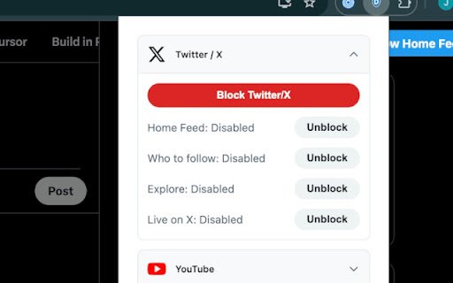 Block and Hide Feeds YouTube, Instagram, Twitter (X)  from Chrome web store to be run with OffiDocs Chromium online