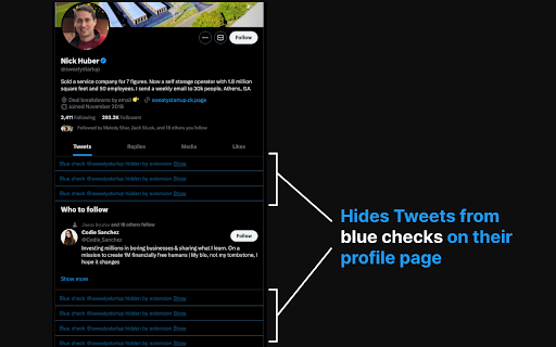 Blue Check Hider  from Chrome web store to be run with OffiDocs Chromium online