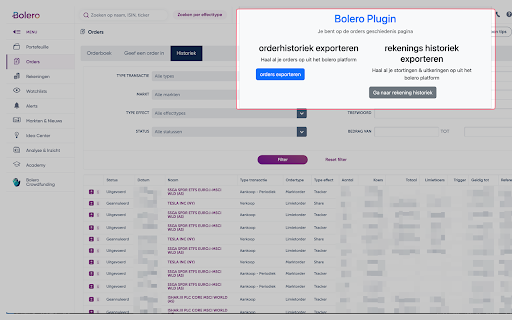 Bolero Historiek Export  from Chrome web store to be run with OffiDocs Chromium online