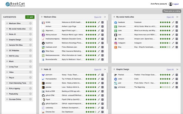 BookCat (Bookmark and categorize your sites)  from Chrome web store to be run with OffiDocs Chromium online