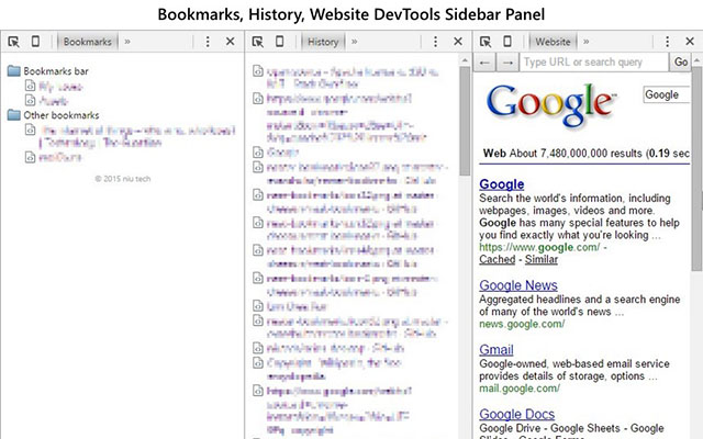Bookmarks, History, Website DevTools Sidebar  from Chrome web store to be run with OffiDocs Chromium online