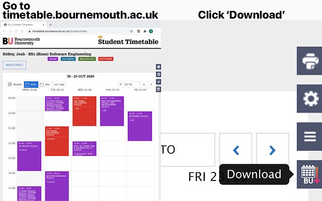 Pengunduh Jadwal Universitas Bournemouth dari toko web Chrome untuk dijalankan dengan OffiDocs Chromium online