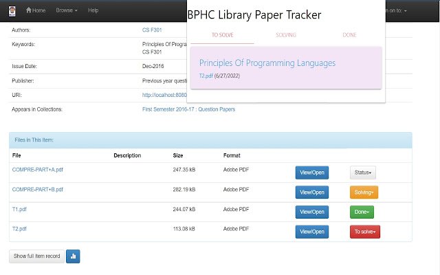 OffiDocs Chromium 온라인과 함께 실행되는 Chrome 웹 스토어의 BPHC Library Paper Tracker
