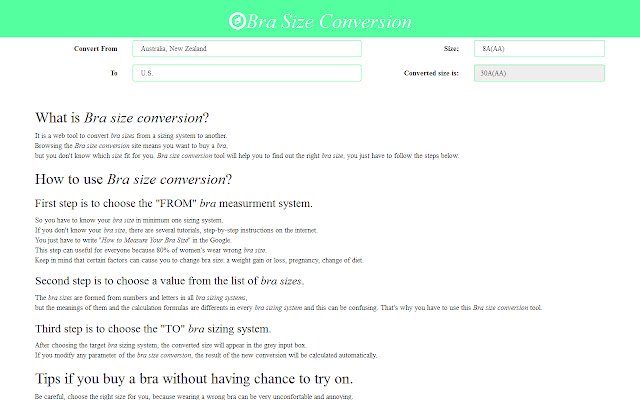 Bra Size Conversion  from Chrome web store to be run with OffiDocs Chromium online