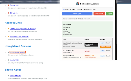 Broken Link Analyzer  from Chrome web store to be run with OffiDocs Chromium online