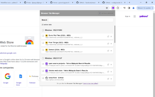 Browser Tabs Manager  from Chrome web store to be run with OffiDocs Chromium online