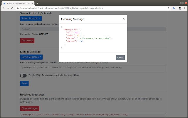 Pelanggan WebSocket Penyemak Imbas daripada kedai web Chrome untuk dijalankan dengan OffiDocs Chromium dalam talian