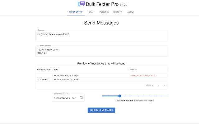 يتم تشغيل Bulk Texter Pro من متجر Chrome الإلكتروني مع OffiDocs Chromium عبر الإنترنت