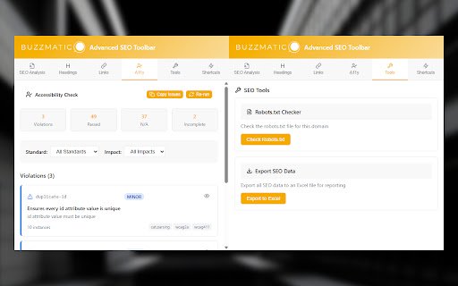 Buzzmatic Advanced SEO Toolbar  from Chrome web store to be run with OffiDocs Chromium online