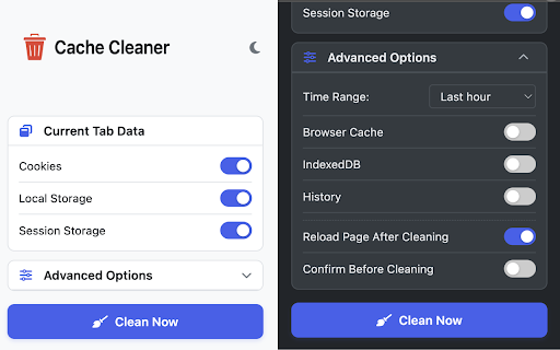 CacheCleaner  from Chrome web store to be run with OffiDocs Chromium online