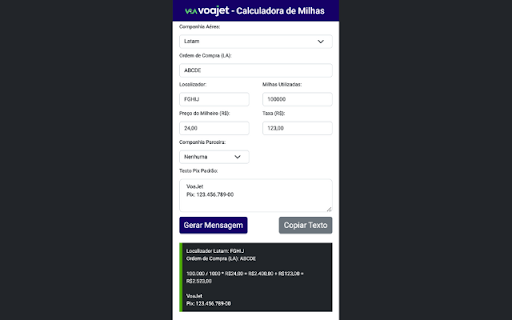 Calculadora de Milhas VoaJet 2.3  from Chrome web store to be run with OffiDocs Chromium online