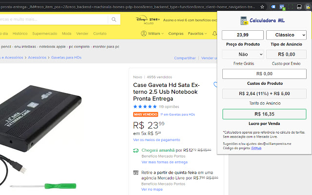 Calculadora Tarifas ML (Mercado Livre)  from Chrome web store to be run with OffiDocs Chromium online