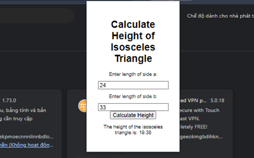 Calculate Height of Isosceles Triangle from Chrome web store to be run with OffiDocs Chromium online Calculate Height of Isosceles Triangle from Chrome web store to be run with OffiDocs Chromium online