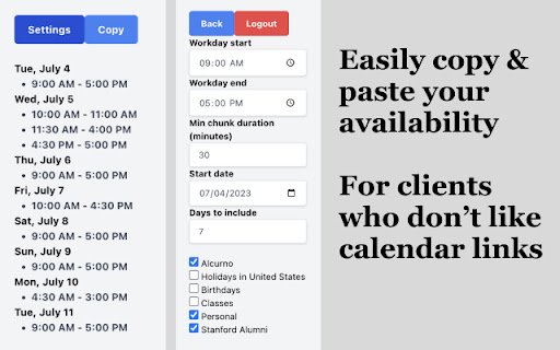 Calendar Availability: Copy and Paste  from Chrome web store to be run with OffiDocs Chromium online