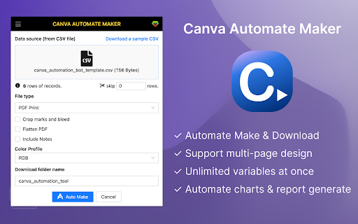 Canva Bulk Maker Auto Maker for Canva.com  from Chrome web store to be run with OffiDocs Chromium online