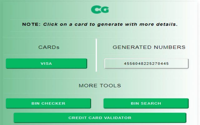 CardGenerator Генератор кредитних карток VISA з веб-магазину Chrome, який запускатиметься з OffiDocs Chromium онлайн