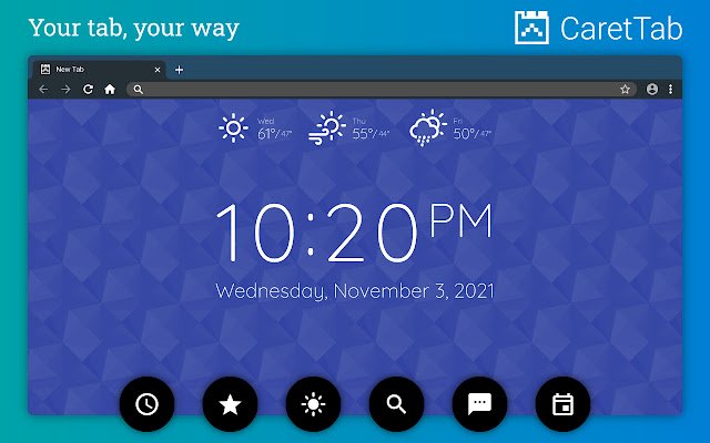 CaretTab New Tab Clock and Date من متجر Chrome الإلكتروني ليتم تشغيله مع OffiDocs Chromium عبر الإنترنت
