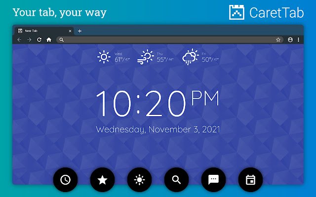 CaretTab New Tab Clock and Date da Chrome Web Store para ser executado com OffiDocs Chromium online