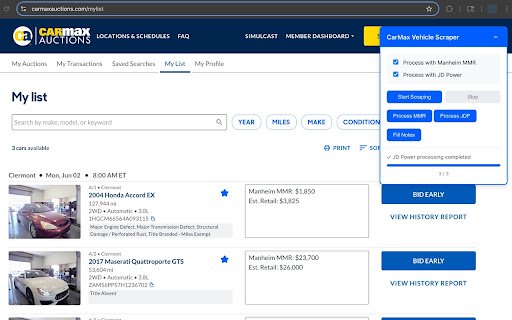 CarMax Auctions Vehicle Scraper  from Chrome web store to be run with OffiDocs Chromium online