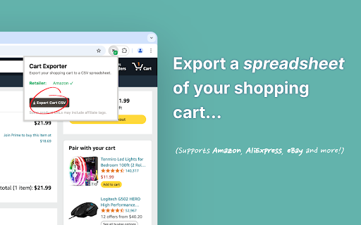 Cart Exporter | Download your shopping cart as a CSV spreadsheet. from Chrome web store to be run with OffiDocs Chromium online Cart Exporter | Download your shopping cart as a CSV spreadsheet. from Chrome web store to be run with OffiDocs Chromium online