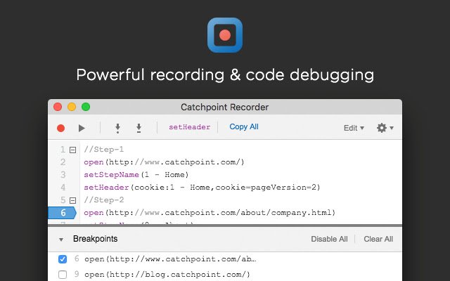 Catchpoint Script Recorder de la boutique en ligne Chrome à exécuter avec OffiDocs Chromium en ligne
