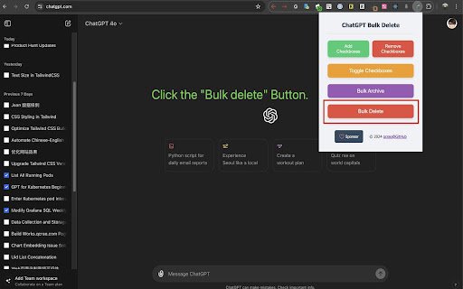 ChatGPT Bulk Delete  from Chrome web store to be run with OffiDocs Chromium online