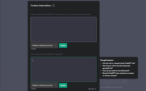 ChatGPT Custom Instructions Storage  from Chrome web store to be run with OffiDocs Chromium online