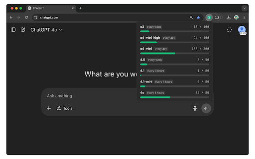 ChatGPT Usage Limit Tracker  from Chrome web store to be run with OffiDocs Chromium online