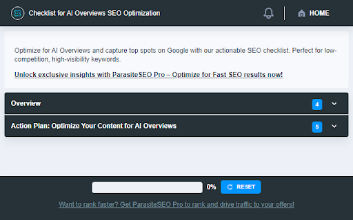 Checklist for AI Overviews SEO Optimization  from Chrome web store to be run with OffiDocs Chromium online