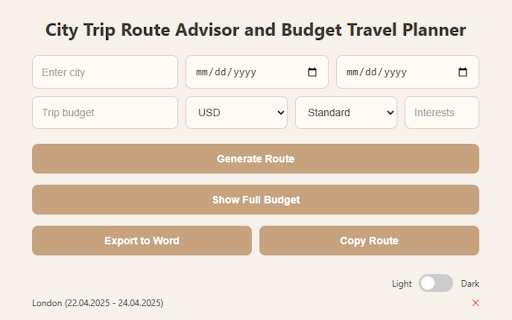 City Trip Route Advisor and Budget Travel Planner  from Chrome web store to be run with OffiDocs Chromium online