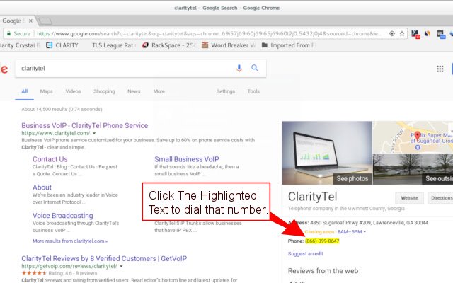 ClarityTel click2dial  from Chrome web store to be run with OffiDocs Chromium online