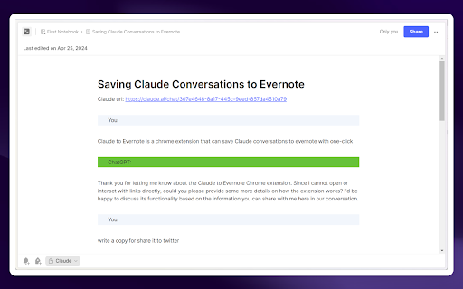 Claude to Evernote  from Chrome web store to be run with OffiDocs Chromium online