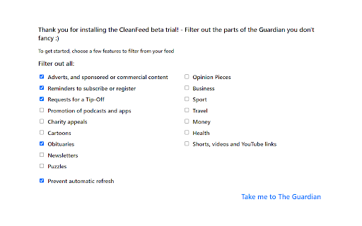 CleanFeed for the Guardian  from Chrome web store to be run with OffiDocs Chromium online