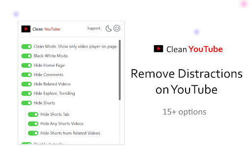 Clean YouTube Hide YouTube Shorts, Comments  Thumbnails  from Chrome web store to be run with OffiDocs Chromium online