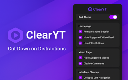 ClearYT Focus Mode for YouTube  from Chrome web store to be run with OffiDocs Chromium online