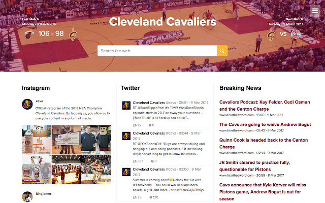 Cleveland Cavaliers โดย MyTab จาก Chrome เว็บสโตร์ที่จะรันด้วย OffiDocs Chromium ออนไลน์