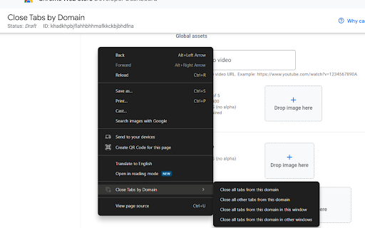 Close Tabs by Domain  from Chrome web store to be run with OffiDocs Chromium online