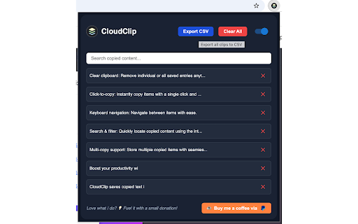 CloudClip – Multicopy Clipboard History Manager with Dark Mode  CSV Export  from Chrome web store to be run with OffiDocs Chromium online