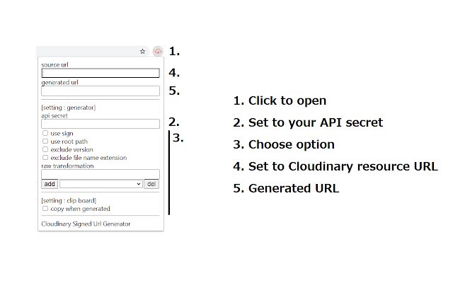 Cloudinary Signed Url Generator  from Chrome web store to be run with OffiDocs Chromium online