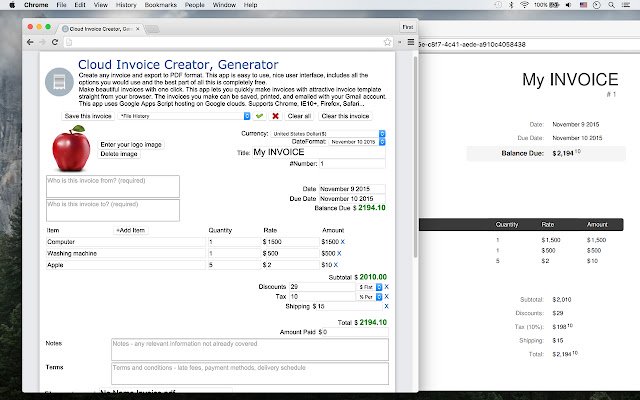 Cloud Invoice Creator (facture au format PDF) de la boutique en ligne Chrome à exécuter avec OffiDocs Chromium en ligne